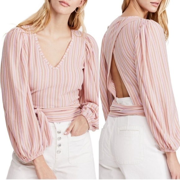 Free People Orchid Rain Autumn Night Back Wrap Top Stripes Blouson Sleeve - Picture 1 of 11
